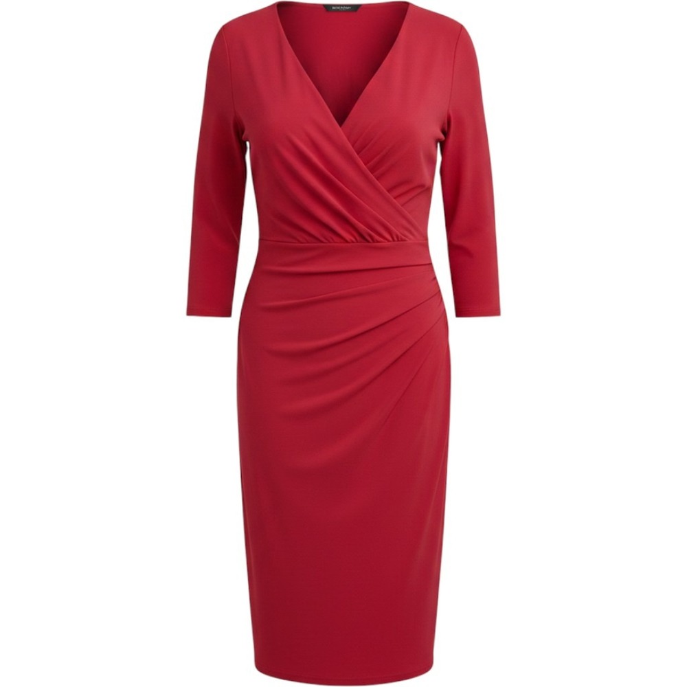 Frank Lyman Faux Wrap Dress Womens 14 Red Excellent Ruched 3/4 Sleeve 03053